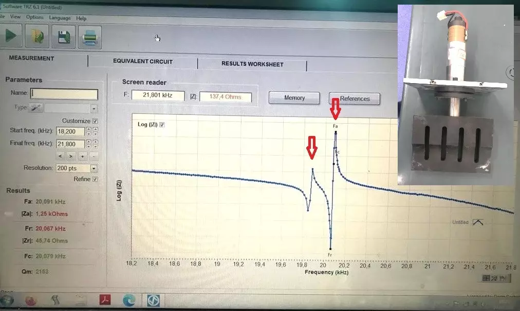 Curve of a wide steel ultrasonic horn with two frequencies (one is lateral). Measurement by TRZ Analyzer.