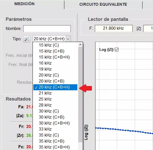 Selección de criterios en el Software TRZ® según la frecuencia y el dispositivo de ultrasonidos.