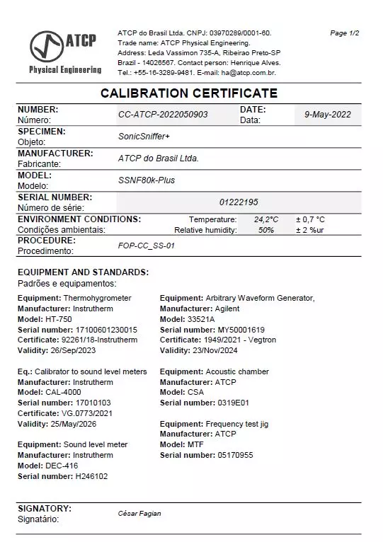 SonicSniffer calibration certificate example